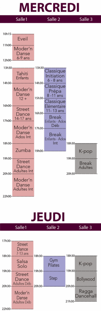 Planning école de danse Quentin GREMILLET Mercredi Jeudi