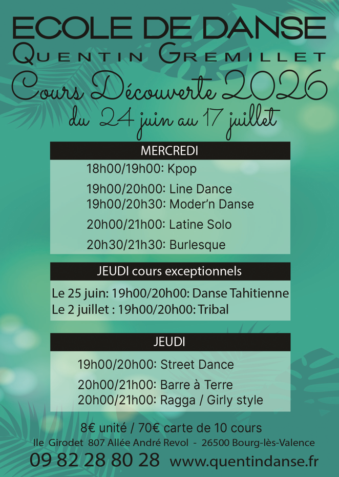 Cours de danse, stage de danse été à Valence et Bourg les Valence | Ecole de danse Quentin Gremillet